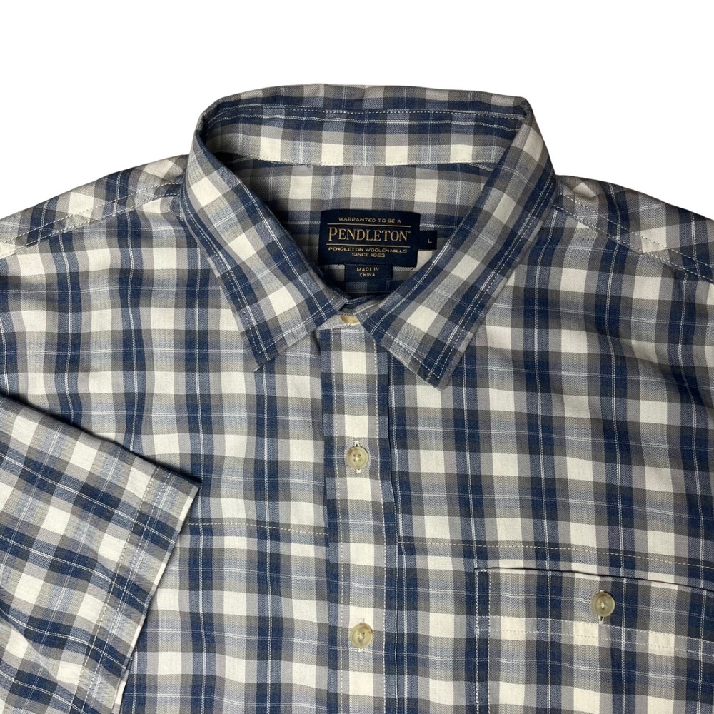 Pendleton Button Up Shirt Mens Large Blue White Plaid Short Sleeve Cotton
